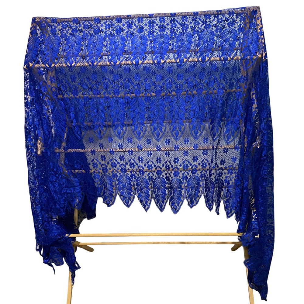 Darquer‎ Calais French Chantilly Lace Vtg 70s 80s Royal Blue Floral 58" x 116"